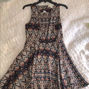 Juniors Fitted Aztec Pattern in Navy Blue, Orange, Brown and Cream Dress Size S